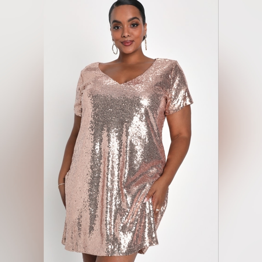 Lulu's Light Up The Night Champagne Sequin Shift Dress NWT Size XL